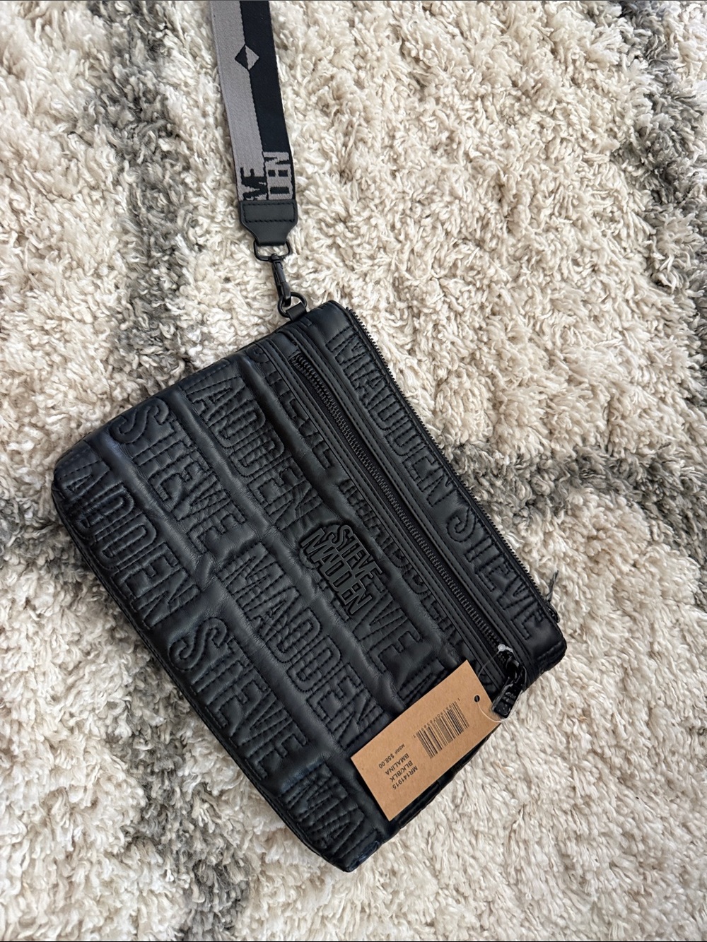 Steve Madden Black Quilted Logo Zip Pouch with Detachable Strap